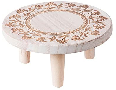 WIVAYE Mini tabouret en bois massif de 22 cm avec motif sculpté, 10 cm de hauteur, étagère décorative ronde pour bonsaï, pot de fleurs vintage pour décoration d'intérieur