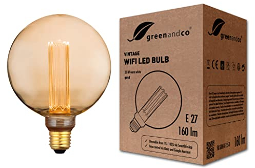 greenandco Lampadina Vintage LED Smart WiFi | E27 G125 | 3,8W 160lm | 1800K | 320° | 230V | nessun sfarfallio | dimmerabile | Compatibile con Alexa e Google Assistant