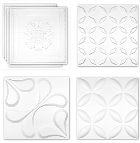 HEXIM 3D Wandpaneele, PVC Kunststoff weiß - Blumen Design Paneele 50x50cm Wandverkleidung (2QM HD102) Hintergrund Paneele weiß hart Deckenverkleidung
