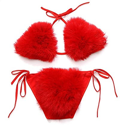 ZOSCGJMY Women's Faux Fur Halter String Triangle Bikini Sets Two Piece Swimsuits (Red)