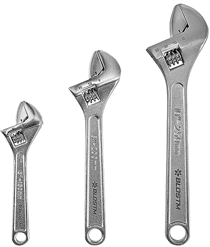 BLOSTM Adjustable Spanner Set - 3 PCS Adjustable Wrench Set, Durable Drop-Forged Carbon Steel Wide Jaw Opening Shifter Spanners with Hanging Hole for Easy Storage (150, 200 & 250mm)