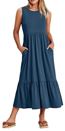 Sommer-Freizeitkleid für Damen, fließendes, gestuftes, lockeres Maxikleid mit Taschen, ärmelloses Swing-Sommerkleid mit Rundhalsausschnitt (F,XL)