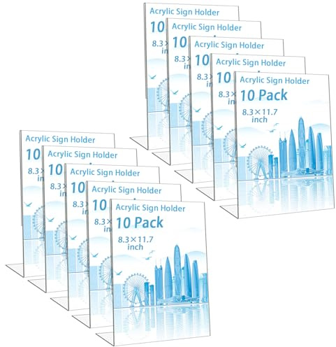 GBACHOOSE 10 Pack A4 Acrylic Sign Holder, 8.3 × 11.7 inch Plastic L Shape Paper Display Stand, Clear Flyer Document Holder Picture Frames With Vertical Slanted Back for Office Home Store Restaraunt