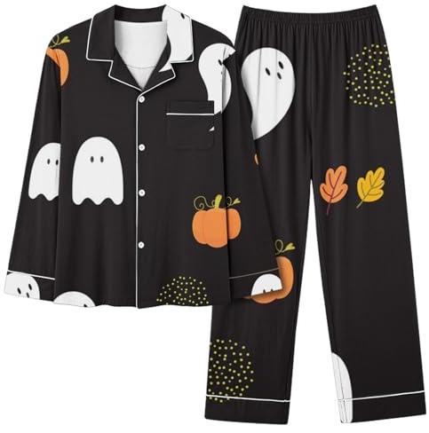 Set per le Donne Lungo Corrispondenza Vacanza Halloween 2 Pezzi Top T Shirt Pantaloni Pigiami Abiti da Notte Set Donna 2024, K-028 Nero, M