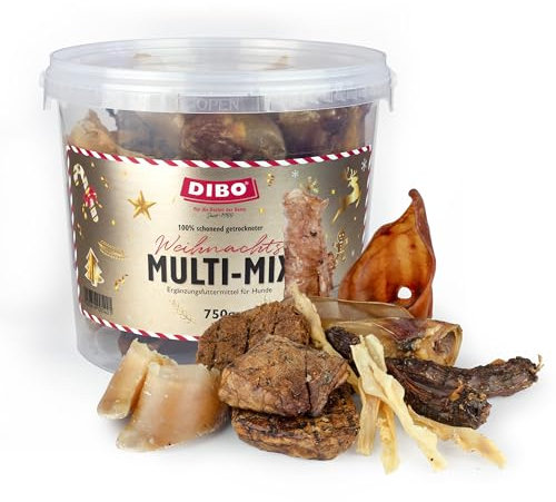 DIBO Weihnachts-Multi-Mix im 750g Eimer - wiederverschließbar, 100% schonend getrockneter Naturkausnack, natürliches und artgerechtes Barf Leckerli für Hunde zur Vorweihnachtszeit