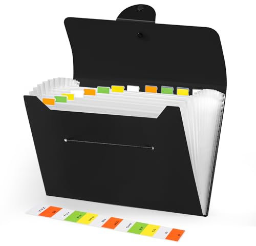 Brencco Dokumentenmappe A4，Mappen Ordnersystem Mit 12 Fächern，Fächermappe Mit Etiketten Document Organizer Schwarz