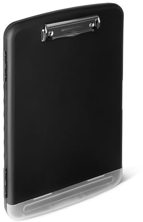 Amazon Basics A4 Storage Clipboard with Padfolio, High Capacity Plastic Clipboard Folder with Pen Holder, 36.5 x 25 x 3.8 cm, Black