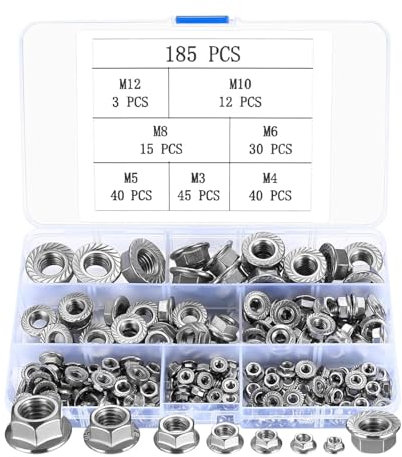 185 Pcs Hex Flange Nuts, Flanged Lock-Nuts, Serrated Flange Hex Nuts Set for Furniture, Wood, Metal, Automotive, M3 M4 M5 M6 M8 M10 M12