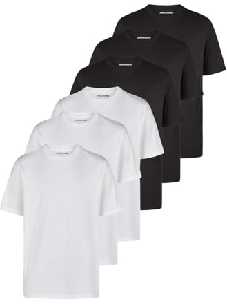 JACK & JONES Lot de 6 t-shirts basiques pour homme - Coupe droite - Col rond - Manches courtes - Pour l'été - Noir et blanc - Tailles S, M, L, XL, XXL, 3XL, S