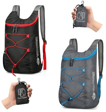 Sahunfri 2 Pcs Ultra Lightweight Backpack, Foldable Backpack Water Resistant Travel Rucksack, Multi-Functional Foldable Backpacks Womens Men For Camping, Hiking, Biking(Black Grey)