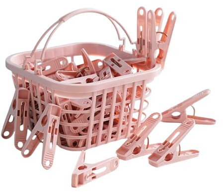 Lot de 30 Pinces à Linge Rose， avec Panier de Rangement, Pinces Antigel pour Corde à Linge et Étendoir ，Accessoire Ménager Pratique
