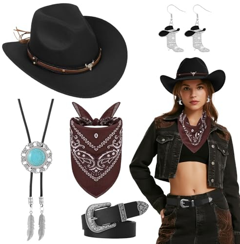 Saier tbo Set di 5 copricapi da cowgirl western per donne, accessori per costume da cowgirl con cappello, collana, orecchini, cintura, bandana per Halloween, balli in maschera, cosplay, feste (nero)