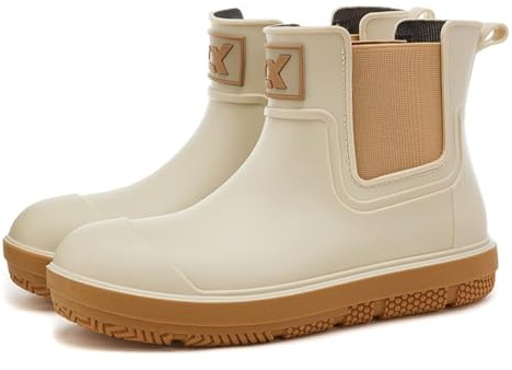 LIOERDIWE Ankle Rain Boots Men Women Waterproof Deck Boots Anti-Slip Rubber Chelsea Garden Work Shoes Short Mud Booties Fishing Farming Camping(Beige,8 Women/6.5 Men)