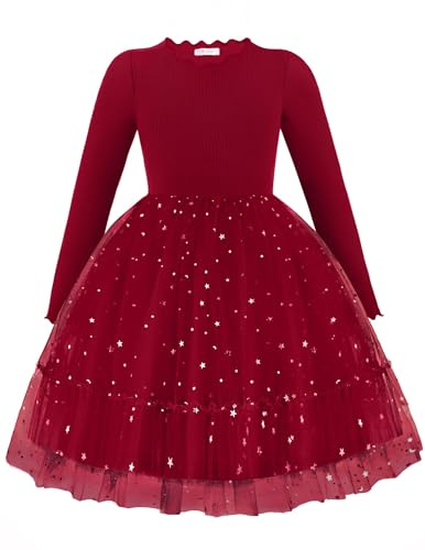 Arshiner Niñas Vestidos Tul Brillante Niños Cuello Plisado A-Line Festiva Otoño Invierno Manga Larga Vestidos para Niñas 2-7 Años