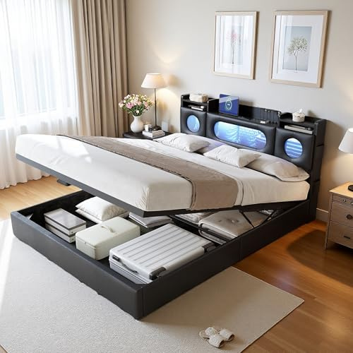 Letto imbottito 140 x 200 cm, con vano portaoggetti, letto con illuminazione a LED, porta USB, spazio integrato nella testiera, rete a doghe, letto per ragazzi, letto idraulico, nero, in pelle PU