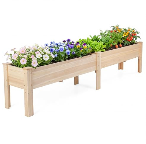 COSTWAY Fioriera Rialzata Rettangolare in Legno, Letto Rialzato da Giardino con 2 Aree di Piantagione, Gambe e Fori di Drenaggio, Orto Elavato da Esterno per Piante, Fiori e Verdeure