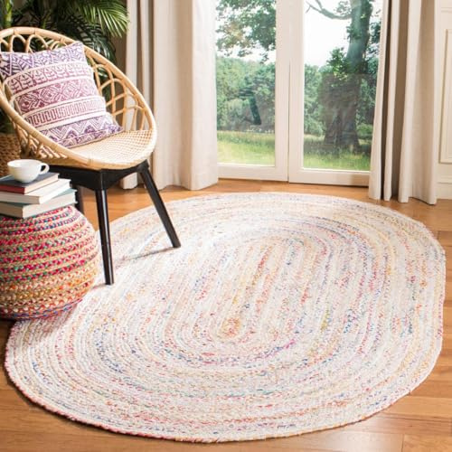 SAFAVIEH Braided Collection Area Rug - 3' x 5' Oval, Ivory & Multi, Handmade Woven Cotton, Boho Reversible Style, Ideal for Living Room, Bedroom (BRD210B)