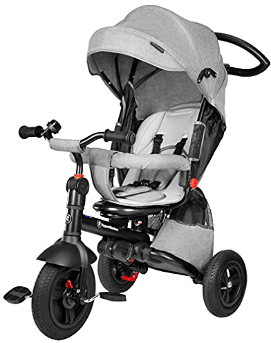 HyperMotion Tobi Velar Dreirad Kinder ab 1 Jahr mit Schubstange - Drehbarer Komfortsitz, Faltbar, Sicherheitsgurte, Gepumpte Räder, Regenmantel & Elterngriff - Grau