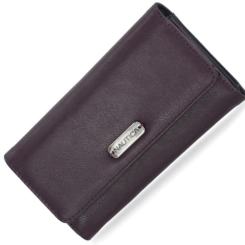 Nautica Money Manager Womens Slim Compact RFID Blocking Credit Card Holder Clutch Wallet Organizer with Zipper Coin Purse and Phone Compartment in Plum