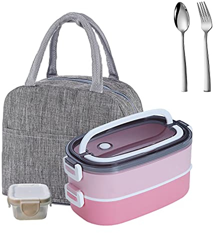 LUNALING Porta Pranzo da Lavoro a 2 Strati, Bento Box 1600 ml/56oz, Adatto per Studio e Lavoro, Scatola con Borsa Isolante, Riscaldamento a Microonde