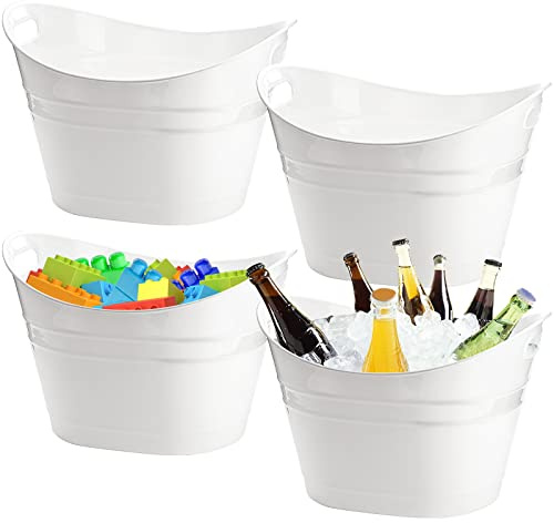 ZEAYEA 4 Pack Beverage Tub, 18L Plastic Beer Bottle Bucket with Handles, White Party Tub for Drinks, Plastic Ice Bucket for Wine Beer Bottle Cooler