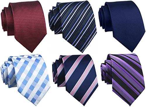 Rossika Lot 6 PCS Classic Men's Tie Stripe Solid Stripe Jacquard Woven Silk Tie Business Formal Necktie Navy Blue, Wine Red, Purple Black, Navy Pink, Light Blue and White, Dark Grey