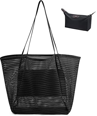 flintronic Mesh Beach Bag, Summer Beach Bag Oversized Ladies Tote Bag Shoulder Bag with Zipper Pockets Mesh Nylon Bag, Perfect for Beach Party Travel Picnic Vacation Shopping - Black