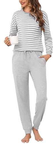 Bresdk Pyjama Femme Ensembles de Coton Hiver à Manches Longues Costume de | Maison rayée à Col Rond Chaud et Doux