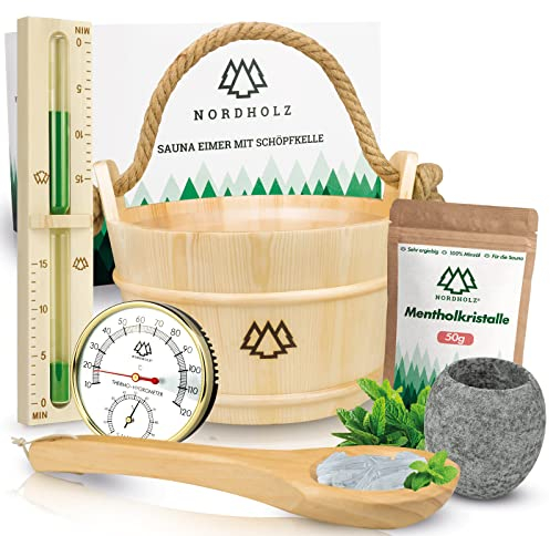 NORDHOLZ® Sauna Eimer mit Kelle aus 100% nordischer Fichte - Hochwertiges Sauna Zubehör - Einsatz, Hanftrageseil & Gratis E-Book - Wellness Aufguss Komplett Paket - Saunaeimer Set