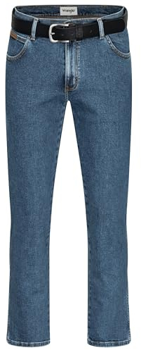 Wrangler Texas Herren-Stretchjeans Regular Fit Authentic Straight in verschiedenen Waschungen mit Gürtel in schwarz oder braun (W44/L34, Stonewash + schwarzer Gürtel)