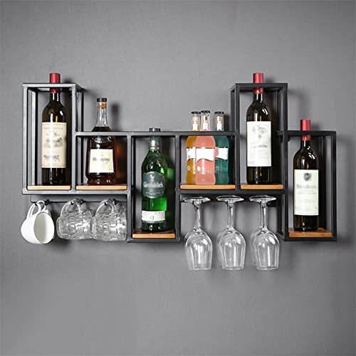 GOODBZ Estante de Vino Industrial montado en la Pared con 3 Soportes de Vidrio de Vapor Estante de Madera Parcial Soporte de Botella de Metal Negro Estante de exhibición de Almacenamiento