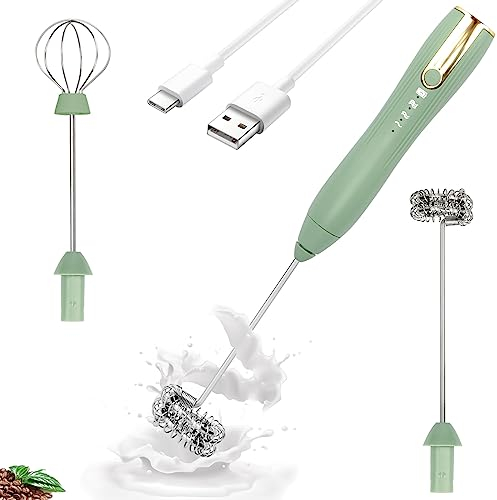 Double fouet – Mousseur à lait électrique portable rechargeable USB-C – Vert – 3 vitesses réglables – Fouet à boisson pour latte, matcha, chocolat chaud, œuf, matcha