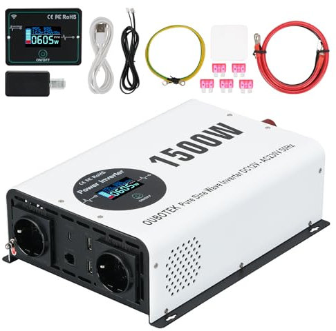 OUBOTEK Wechselrichter 1500W / 3000W Reiner Sinus DC 12V auf AC 230V mit Drahtloser Fernbedienung LCD-Anzeige 2 AC-Steckdosen 2 USB A und 1 Type C, spannungswandler für Wohnmobil Zuhause Off Grid