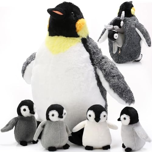Harrycle 5 Stück Pinguin Plüsch Spielzeug Set 1 Mama Pinguin Stofftier mit 4 Süßen Babys im Bauch 35 cm Weiches Kuscheliges Pinguin Plüschtier für Kinder Valentinstag Geburtstag(Langer Mund)