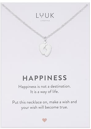 LUUK LIFESTYLE Collana con ciondolo Piedini da bambino e acciaio inossidabile (50 cm), carta HAPPINESS, portafortuna, gioielli moderno, idea regali donna, lei, ragazza, compleanno, argento