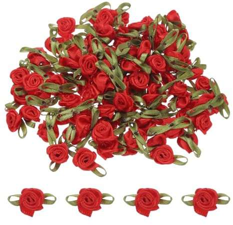 QUARKZMAN 100Pz Mini Rose Finte Rosse 1.5x3cm Fiori Artificiali Mini Rose Nastro Fiori Finti per Decorazioni per Artigianato Piccole in Raso Fiocchi