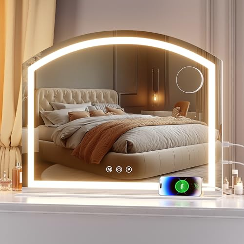 Hasipu Båge sminkspegel med belysning, 70 x 55 cm LED sminkspegel med 10 x förstoring, bordsspegel med USB-laddningsport, dimbar 3-färgsläge