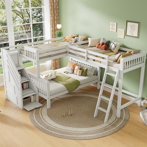 Dolamaní Kinderbett Etagenbett 3 Personen 90x200 cm/140x200cm, Hochbett mit Treppe und Leiter, Kinder Holzbett Aus Kiefer, Weiß Schwerstarbeit Bett 115 kg