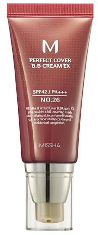 MISSHA M Perfect Cover BB Cream No.26 Natural Caramel, SPF 42 PA +++ 50 ml, tonad fuktighetskräm för ansiktet med SPF