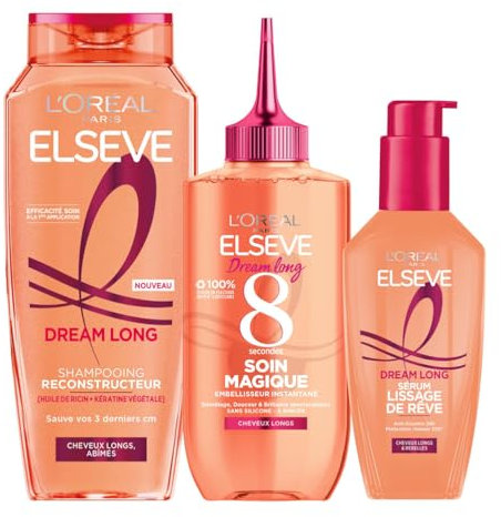 L’ORÉAL PARIS - Routine Soins Capillaires Cheveux Longs - Longueurs réparées - Kératine Végétale & Huile de Ricin - Shampooing, Soin Magique 8 secondes, Crème Sauveuse de Pointes - Elseve Dream Long
