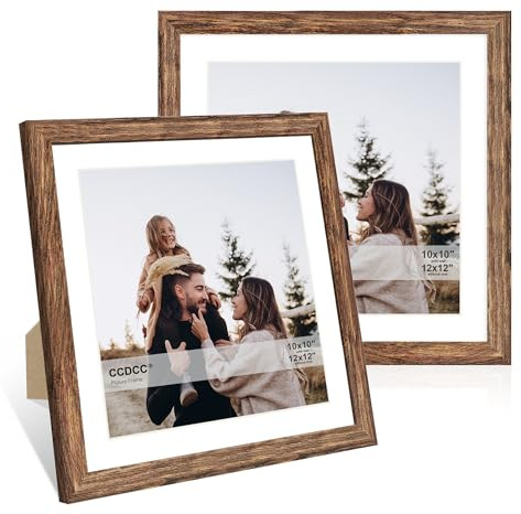 ccdcc 12x12 Picture Frame Set of 2, 12 x 12 Wood Photo Frames with Mat for 10x10 or 30x30cm Diamond Art Painting, Wooden Frame with Real Glass Cover for Wall and Tabletop Display,Rustic Brown