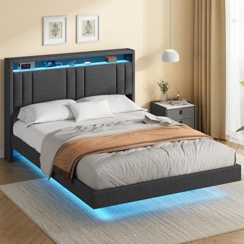 KIMENICH Lit 140x190 cm, Effet Flottant, Lits Double avec LED Réglable, Multiprise et Étagère Ouverte, Cadre de Lit avec Sommier à Lattes, Lits Flottant Rembourré, Lin Gris