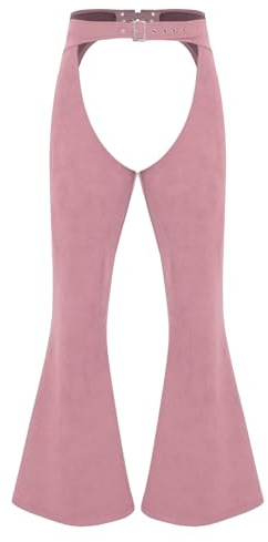 ranrann Women's Mens Faux Seude Cowgirl Pants Cowboys Chaps Fancy Dress Hollow Out Bell Bottom Long Trousers for Halloween Pink S