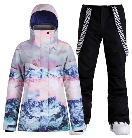 GSOU SNOW Giacca e Pantaloni da Sci da Donna, Tuta da Sci 2 Pezzi, con Cappucco Impermeabile Antivento Traspirante Caldo Isolante