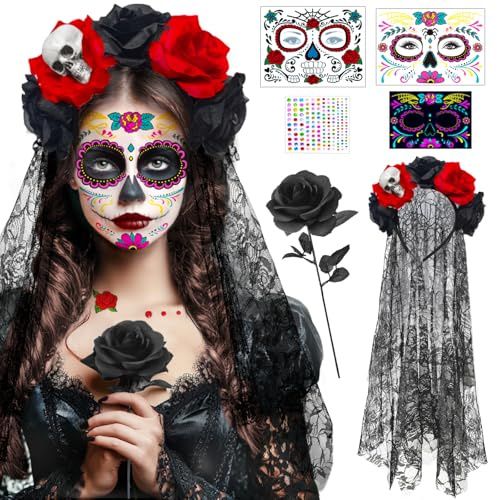 Ensemble de costumes-Serre Tete Halloween et Tatouage, une rose noire artificielle,Déguisement Halloween Femme Accessoire, Couronne de Fleurs Mexicaine, Carnaval Dia De Los Muertos Costume Accessoire