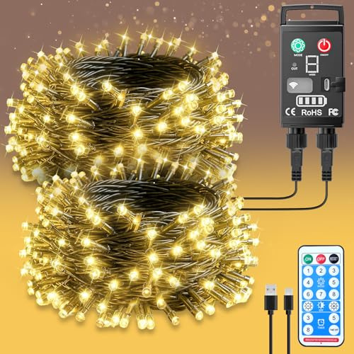 Guijiyi Luci Albero di Natale, 20M 200 LED Luci Natalizie da Esterno ed Interno a Batteria Ricaricabile, 8 Modalità con Funzione Memoria e Telecomando Catena Luminosa per Giardino Balcone Campeggio