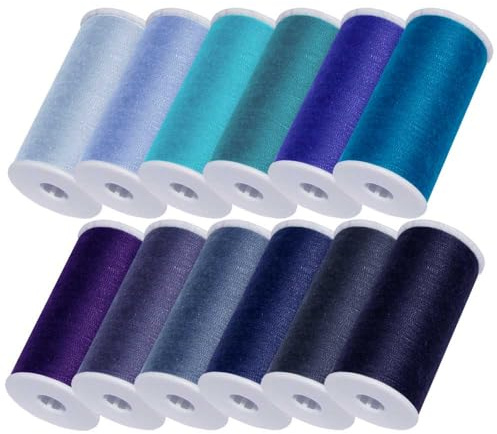 Schneidereibedarf Werner Nähgarn Polyester 200m-Rolle 12er Farben Set, Stärke 100, Polyester, geeignet für alle Stoffe, Baumwolle, Polyester, Mischgewebe, für gängige Nähmaschinen (Blaues Set)