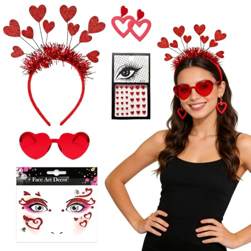 Valentine's Day Glitter Heart Costume Set | Shimmering Heart Headband with Red Glitter & Glasses | Face Gems & Stickers for Carnival, Party, Festival | Complete Cupid Accessory Kit for Women & Girls