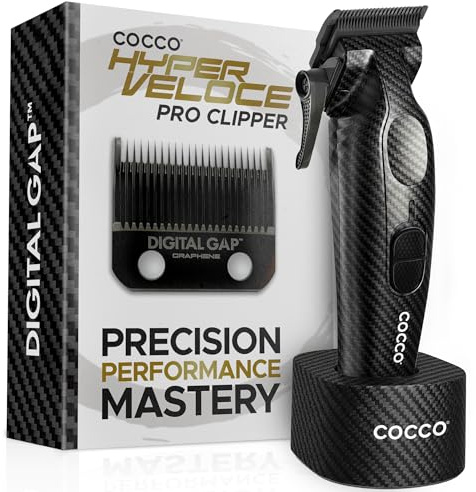 Cocco Hyper Veloce Pro Clipper, Digital Gap Ambassador Graphene Taper Blade Professional Hair Clippers, High-Torque BLDC Motor, All-Metal, Cordless, Charging Station Included (Carbon Fiber)