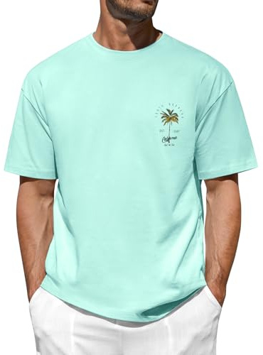 TOMEEK Camisetas Manga Corta Hombre Gráfica Básica Tshirt en Algodón Cuello Redondo con Estampado de Palmera Camiseta de Verano Ropa Deportiva Vacaciones Tiempo Libre Camiseta,Verde,L